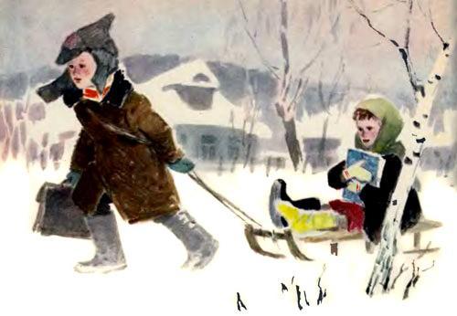 комсомолец везёт на санях девочку с книжкой на фоне зимней деревни из советского союза