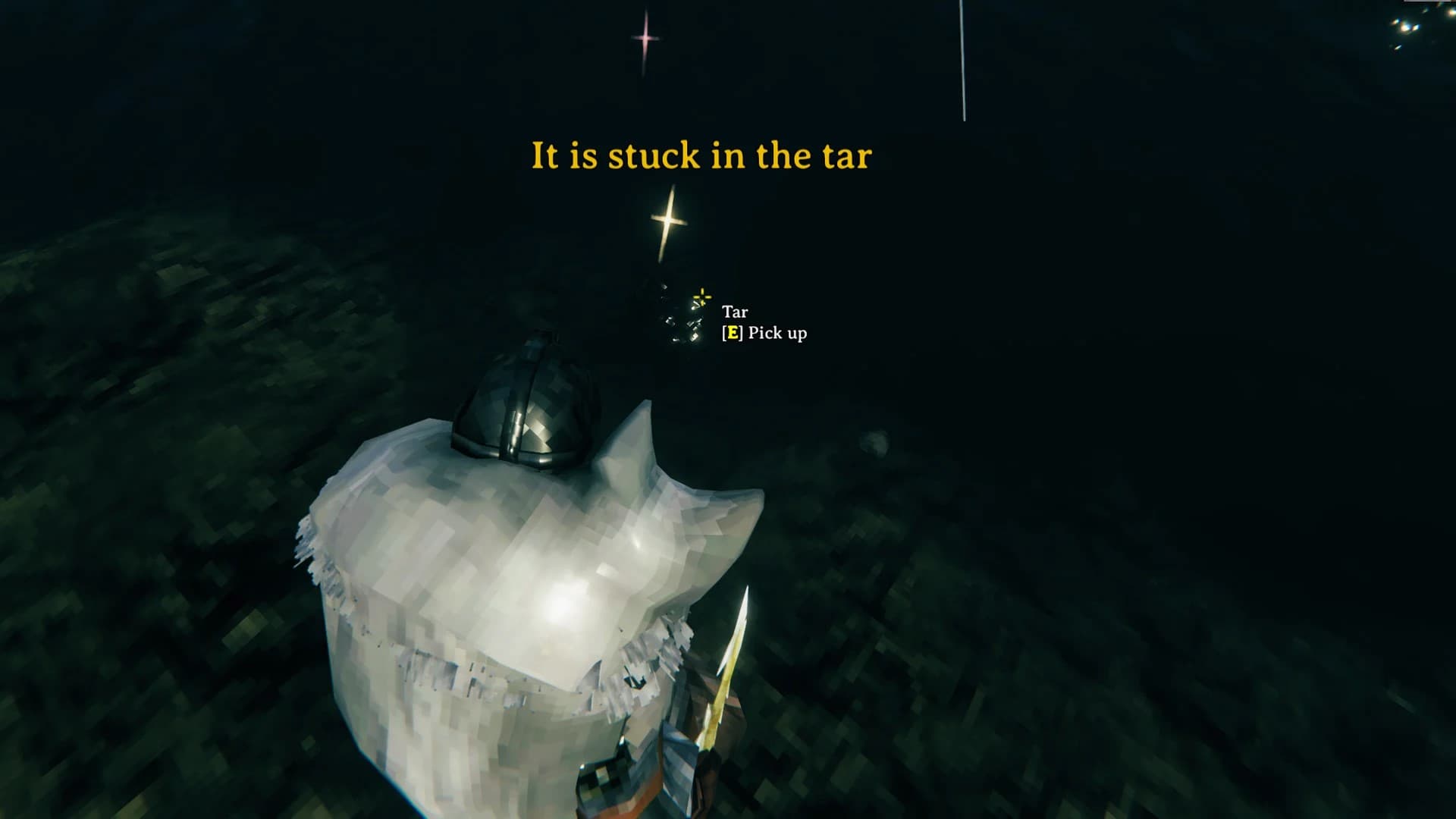 Кадр из игры Valheim с подписью It is stuck in the tar