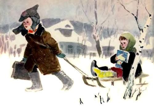 комсомолец везёт на санях девочку с книжкой на фоне зимней деревни из советского союза