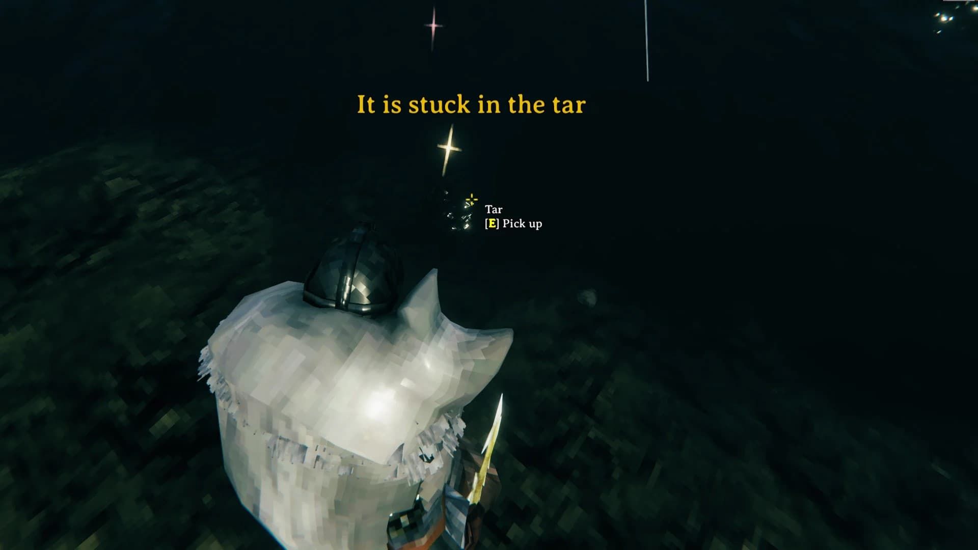 Кадр из игры Valheim с подписью It is stuck in the tar